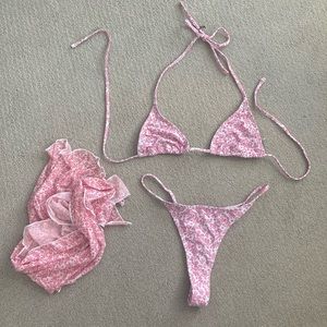 Pink Floral print thong bikini set
